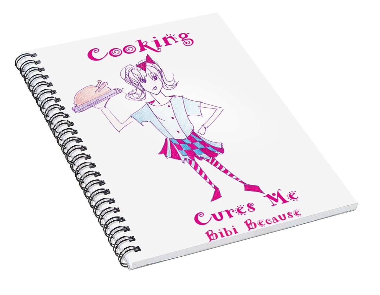 Cooking Cures Me Bibi spiral notebook with artistic cover and gray back, featuring lined pages and a storage pocket.